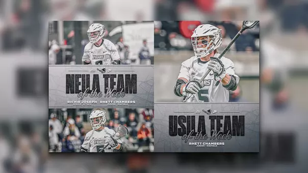 Graphic for Rhett Chambers named to United States Intercollegiate Lacrosse Association and New England Intercollegiate Lacrosse Association Teams of the week and Richie Joseph named to New England Intercollegiate Lacrosse Association Team of the Week.
