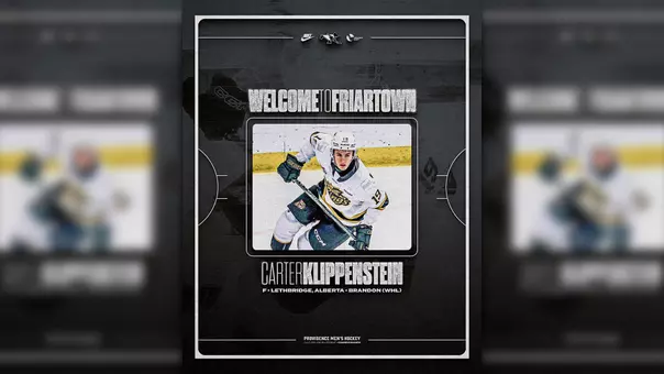 Graphic announcing the addition of Carter Klippenstein to the men's hockey roster. Welcome to Friartown is the main text.