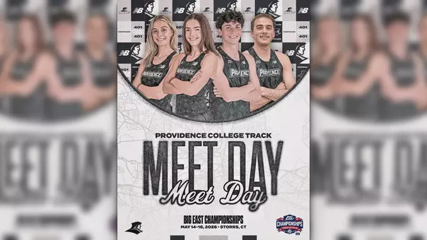 A graphic featuring Anna Gardiner, Maeve O'Neill, Elliott Pugh and Jon Mignacca for the BIG EAST Outdoor Track and Field Championships