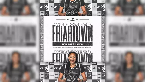 A graphic featuring incoming women's basketball player Kylah Silver in a black Providence uniform holding a black basketball with a a Friar logo on it. The graphic text reads: Welcome To Friartown Kylah Silver