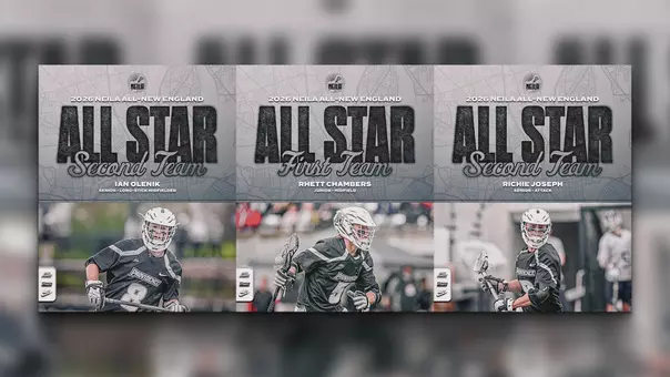 Combination of three info graphics featuring men's lacrosse players Richie Joseph, Rhett Chambers and Ian Olenik to announce their NEILA All-New England All Star selections. Chambers was named to the First Team and Joseph and Olenik were named to the Second Team.