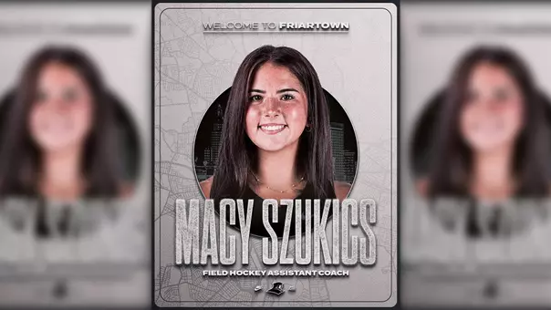 A graphic featuring Macy Szukics to announce her hire as an assistant field hockey coach at Providence College.