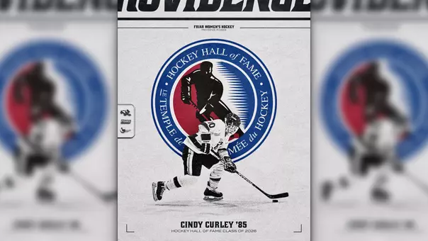 A graphic for Providence College women's hockey alumna Cindy Curley being inducted into the Hockey Hall of Fame