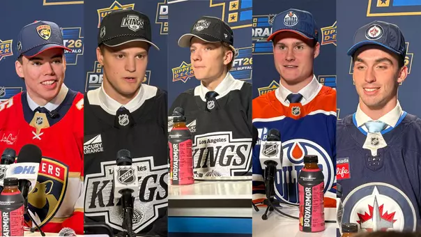 Podium pictures of Ryder Cali, Blake Zielinski, Thomas Vandenberg, Andrew Robinson and Jack Parsons at the 2026 NHL Draft