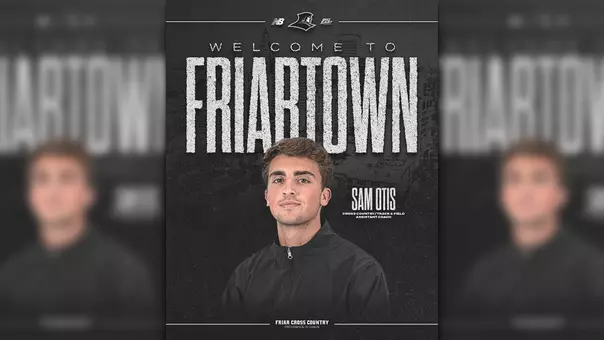 A graphic of new assistant coach for cross country and track and field Sam Otis welcoming him to Friartown