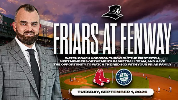 A graphic featuring men's basketball head coach Bryan Hodgson for the Friars in Fenway event where Hodgson will throw at the first pitch prior to a Red Sox game in September
