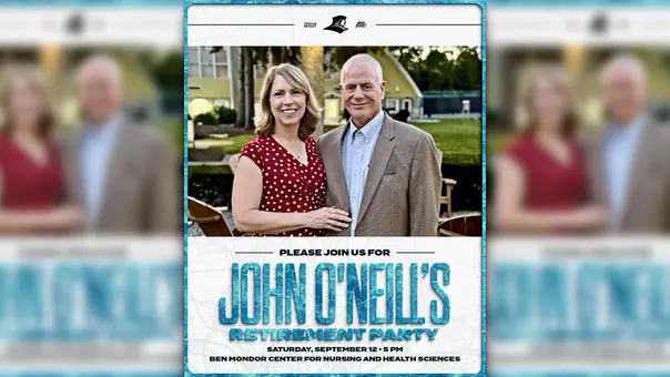 John O'Neill Retirement Graphic featuring a photo of Cindy and John's O'Neill.