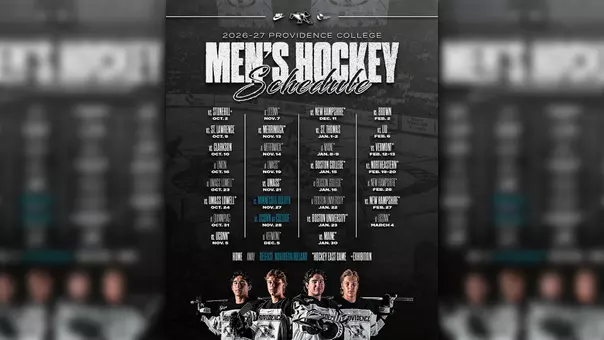 Graphic listing the 2026-27 Men's Hockey Schedule featuring players John Mustard, Logan Sawyer, Graham Gamache and Aleksi Kivioja