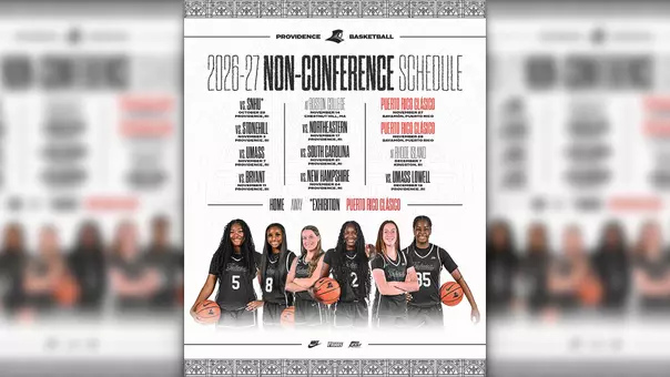 A graphic featuring posed photos of six women's basketball players wearing black uniforms with white lettering and uniform numbers. The graphic text includes the 2026-27 Non-Conference women's basketball schedule.