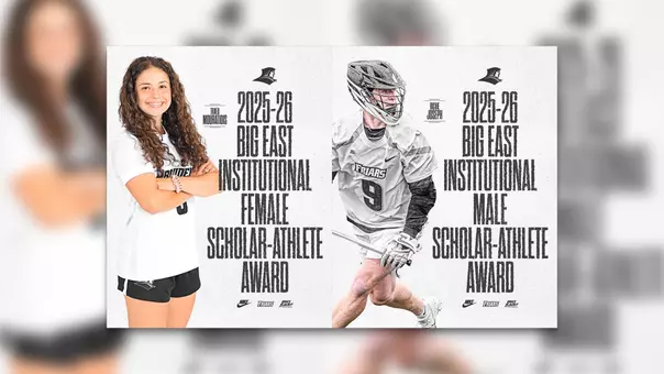 A graphic featuring a posed photo of Thaea Mouratidis in a white and black uniform and an action photo of Richie Joseph in a gray uniform playing lacrosse to announce they are the recipients of the BIG EAST Institutional Scholar-Athlete Award.