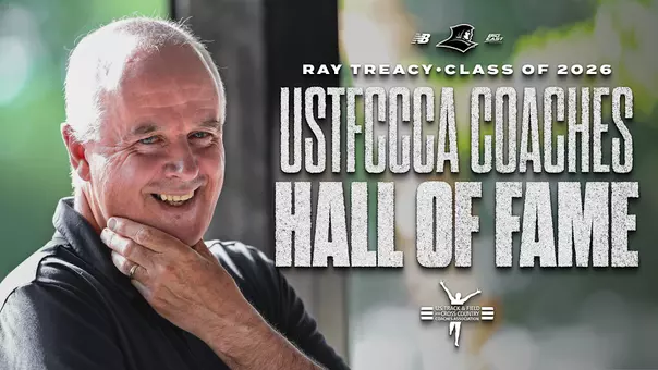 A graphic of Ray Treacy for being inducted into the USTFCCCA Coaches Hall of Fame