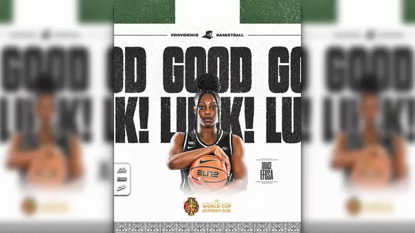 A graphic featuring a photo of Grace Efosa dressed in a black basketball uniform with white trim, holding a basketball in front of her with both hands. The background of the graphic are green and white stripes representing the Nigerian flag. The text reads GOOD LUCK along with a FIBA 2026 Women's Basketball World Cup logo.