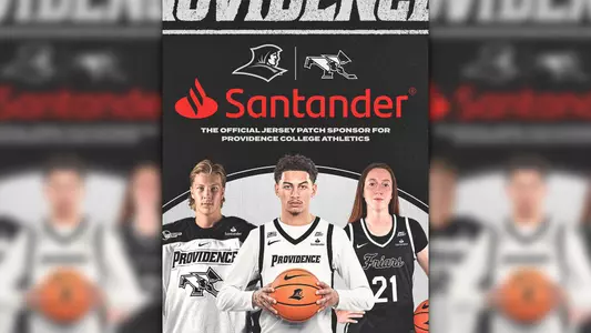 A graphic featuring men's hockey player Aleksi Kivioja, men's basketball player Miles Byrd and women's basketball player Peyton Dunbar for the Santander jersey patch reveal with Providence College