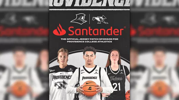 A graphic featuring men's hockey player Aleksi Kivioja, men's basketball player Miles Byrd and women's basketball player Peyton Dunbar for the Santander jersey patch reveal with Providence College