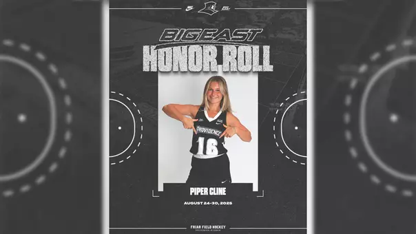 A graphic featuring a posed photo of field hockey player Piper Cline wearing a black uniform with white lettering to announce that she was named to the BIG EAST Weekly Honor Roll. In the posed photo she is using her hands to point at the Providence word mark on her uniform.