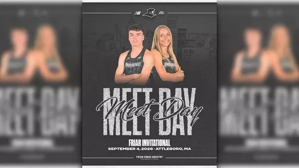 A graphic featuring Providence College Cross Country runners Cormac Dixon and Gabby Schmidt for the Friar Invitational