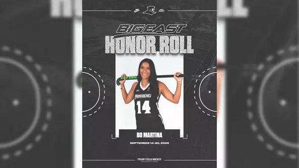 A graphic featuring a posed photo of field hockey player Bo Martina holding a field hockey stick on her shoulders dressed in a black uniform with white lettering. The text on the graphic reads: BIG EAST Weekly Honor Roll, Bo Martina, September 14-20, 2026