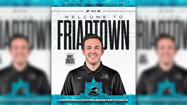 Garrett Shuldes graphic announcing his hire as the assistant coach for swimming & diving.