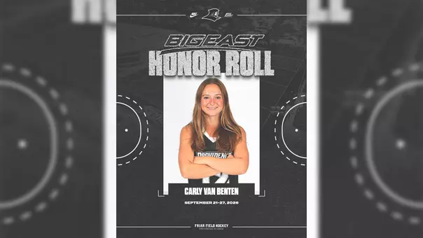 A graphic featuring Carly van Benten posing with her arms crossed and wearing a black uniform with white lettering and trim. The text on the graphic reads: BIG EAST Honor Roll, Carly van Benten, Sept. 21-27, 2026.
