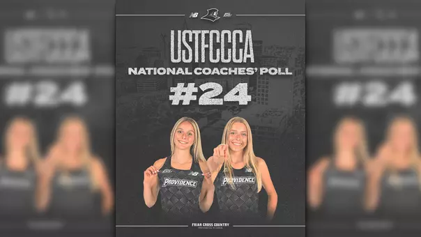 A graphic featuring women's cross country runners Anna Gardiner and Gabby Schmidt for the women's cross country team being ranked 24th in the country