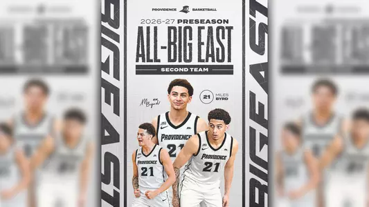 Miles Byrd Preseason All-BIG EAST Second Team, three images of Miles Byrd in white Providence basketball jersey number 21