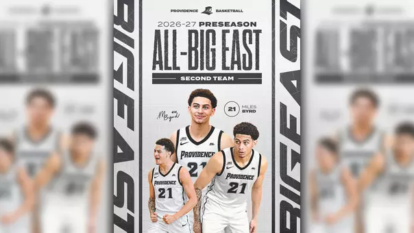 Miles Byrd Preseason All-BIG EAST Second Team, three images of Miles Byrd in white Providence basketball jersey number 21