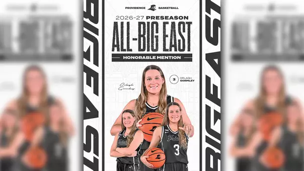 A graphic featuring women's basketball player Orlagh Gormley. There are three posed photos of Orlagh overlapping one another, dressed in a black uniform with white trim, holding a basketball. The text on the graphic reads 2026-27 Preseason All-BIG EAST Honorable Mention; Orlagh Gormley.