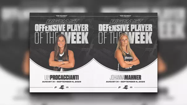A pair of graphics stitched together to announce BIG EAST Weekly Awards for field hockey. On the left is a graphic for Lily Procaccianti with the text BIG EAST Offensive Player of the Week and on the right is a graphic for Johanna Mahner with text that reads BIG EAST Defensive Player of the Week. Both players are featured in the graphic wearing black uniforms with white trim and they both have their arms crossed.