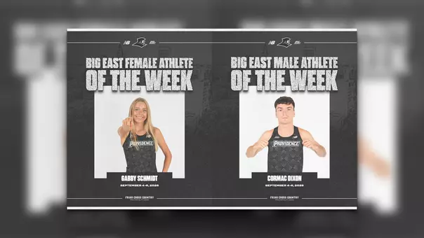 A graphic for Gabby Schmidt and Cormac Dixon earning BIG EAST Cross Country Athletes of the Week accolades