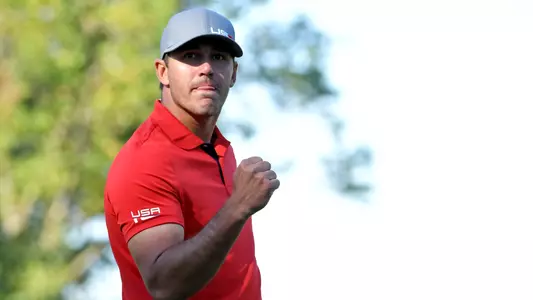 Sep 30, 2016; Chaska, MN, USA;  Brooks Koepka of the United States reacts to a putt on the eighth green in the afternoon four-ball matches during the 41st Ryder Cup at Hazeltine National Golf Club. Mandatory Credit: Michael Madrid-USA TODAY Sports