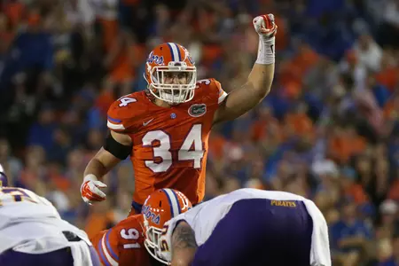 The availability of Gators linebacker Alex Anzalone is unknown after a shoulder injury. (Photo: Tim Casey)