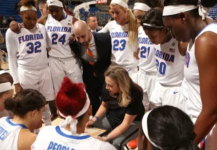 team huddle with head coach Amanda Butler