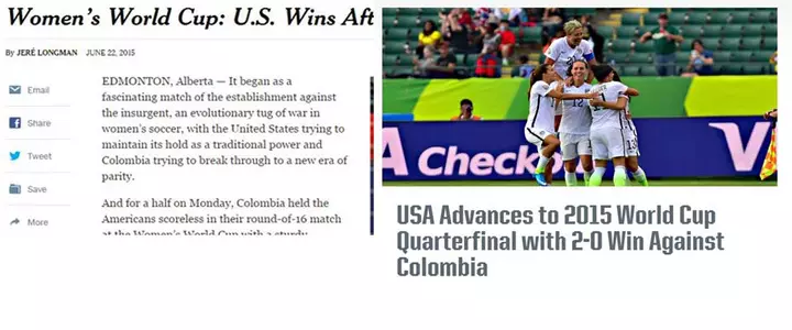 News Links: U.S. Soccer moves to quarters after 2-0 win vs. Colombia