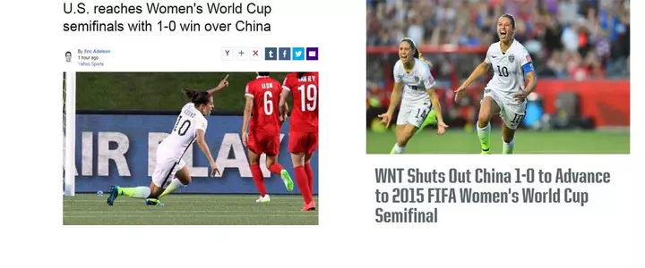 News Links: U.S. Soccer advances to semifinals after 1-0 win vs. China