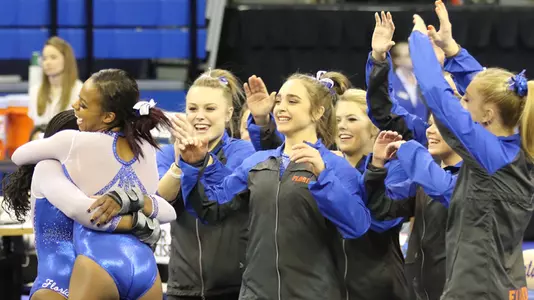 Kennedy Baker celebrates her floor exercise routine versus UCLA (1-15-16)
