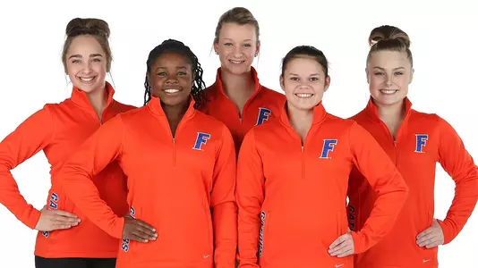 Gymnastics freshmen Peyton Ernst, Alicia Boren, Amanda Cheney, Ashley Hiller, Lacy Dagen