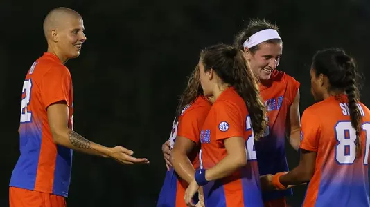 Pamela Begic, Sarah Troccoli - goal celebration vs Iowa State 8-21-16