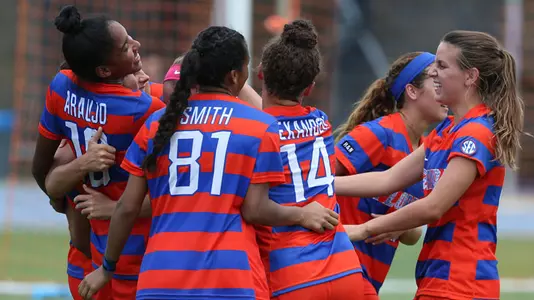 Gators celebrate a goal versus Troy - 8-20-17