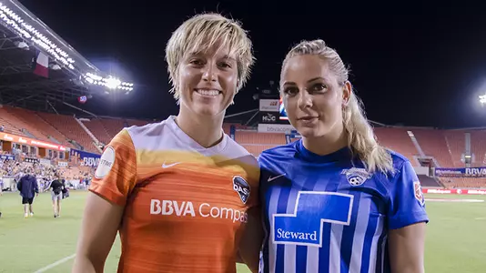 Claire Falknor (Houston Dash) & Adriana Leon (Boston Breakers) before 7-22-17 NWSL match
