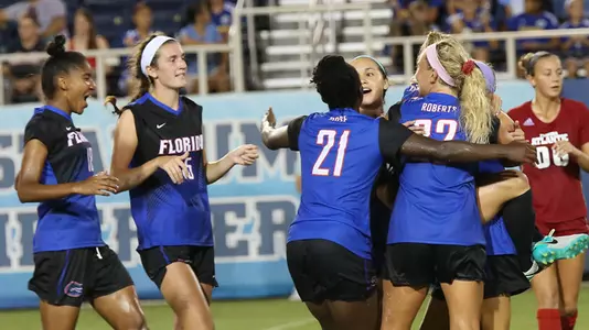 Florida celebrates Gabby Seiler's successful penalty kick which gave Florida a 1-0 OT win at Florida Atlantic