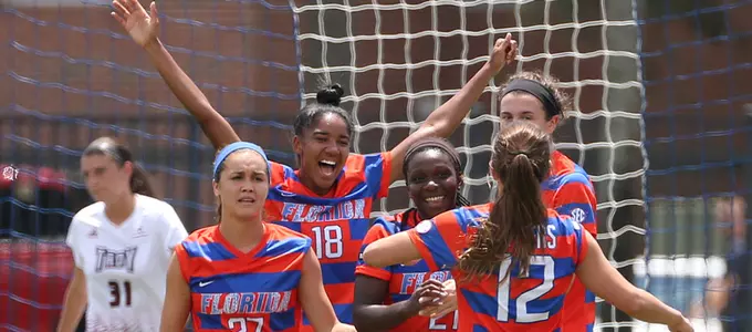 The Gators celebrate Deanne Rose's first collegiate goal - vs Troy 8-20-17