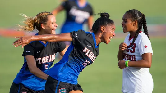 Lais Araujo celebrates game-winning goal - vs Stanford 8-25-17
