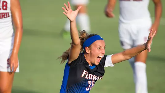 Gabby Seiler celebrates tying goal - vs Stanford 8-25-17