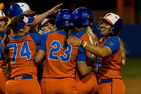 The Gators celebrate during their softball game against Kentucky on Saturday, March 10, 2018 at the Katie Seashole Pressly Softball Stadium at the University of Florida in Gainesville, FL / Photo by Matt Pendleton for Florida Gators Athletics