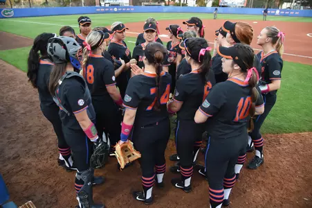 The team during the Gators' Softball game against the UNF Ospreys on Wednesday, February 14, 2018 in Katie Seashole Pressly Stadium on the University of Florida campus in Gainesville, FL. UAA Communications photo by Jim Burgess