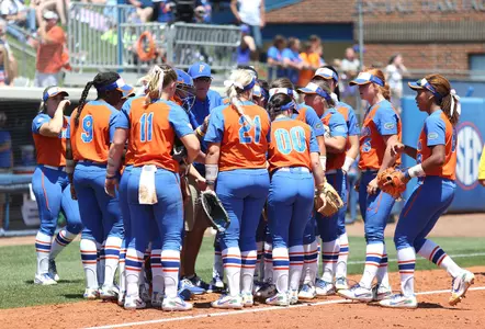 The Gators huddle during 5-3 win against the LSU Tigers on Sunday, April 29, 2018 at Katie Seashole Pressly Softball Stadium in Gainesville, FL / UAA Communications photo by Madison Ross
