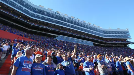Florida Gators fans at football game in the west stands of Ben Hill Griffin Stadium