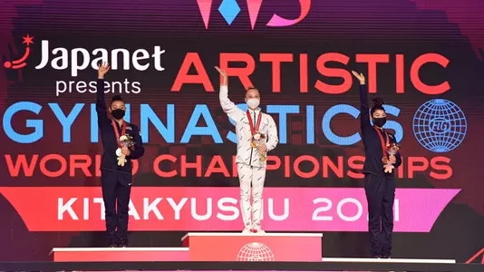 Leanne Wong (left - silver), Angelina Melnikova of Russia (gold) and Kayla DiCello (bronze) - 2021 World Championships all-around