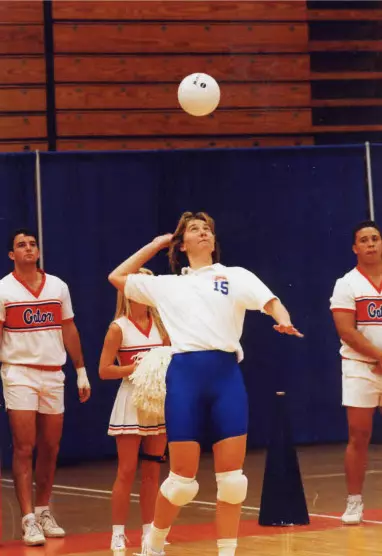Gudula Staub (1992) prepares to strike a volleyball