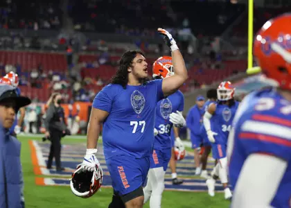 during the Gators' game against the UCF Knights in the Gasparilla Bowl on Thursday, December 23, 2021 at Raymond James Stadium in Tampa, Fla. / UAA Communications photo by Carla Kakouris